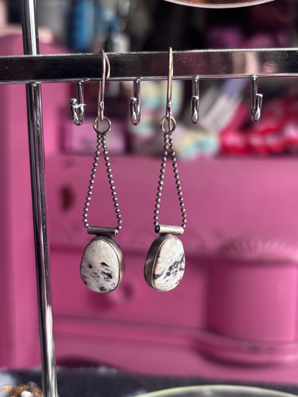 Handcrafted White Howlite Drop Earrings with Silver Accents - Sterling Silver